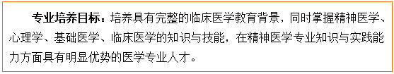 文本框: 专业培养目标：培养具有完整的临床医学教育背景，同时掌握精神医学、心理学、基础医学、临床医学的知识与技能，在精神医学专业知识与实践能力方面具有明显优势的医学专业人才。