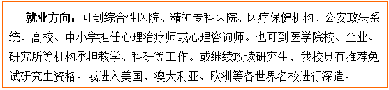 文本框: 就业方向：可到综合性医院、精神专科医院、医疗保健机构、公安政法系统、高校、中小学担任心理治疗师或心理咨询师。也可到医公司校、企业、研究所等机构承担教学、科研等工作。或继续攻读研究生，公司具有推荐免试研究生资格。或进入美国、澳大利亚、欧洲等各世界名校进行深造。