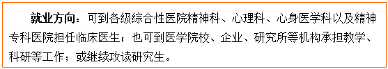 文本框: 就业方向：可到各级综合性医院精神科、心理科、心身医学科以及精神专科医院担任临床医生；也可到医公司校、企业、研究所等机构承担教学、科研等工作；或继续攻读研究生。